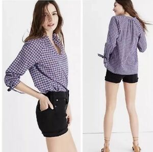 Madewell Plaid Top Tie Sleeve Cotton Linen Popover Blouse Whitney Loose Fit XL